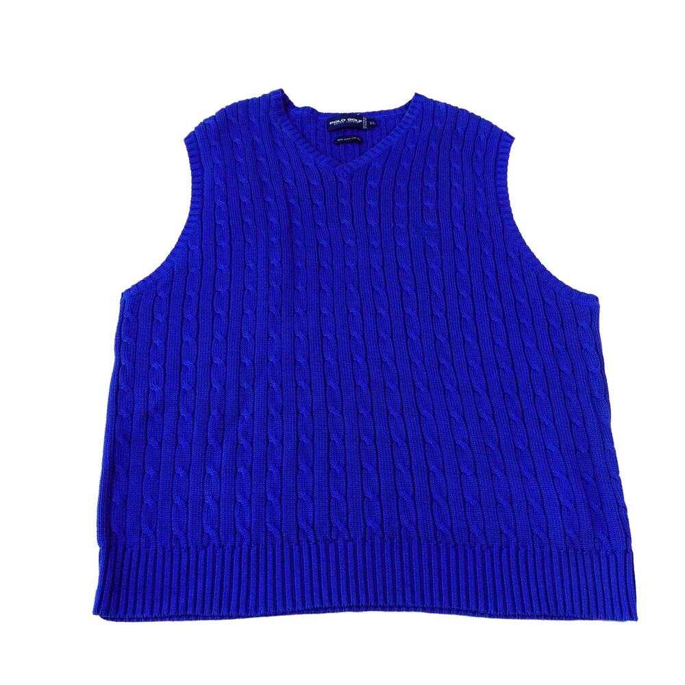 Ralph Lauren Vintage Y2K Cable Pima Italian Yarn Blue Golf Sweater Vest Men's XL